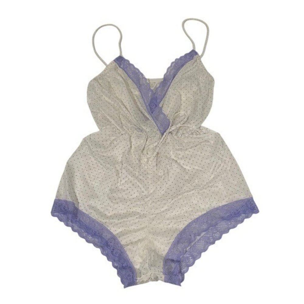 Vintage Union Made Lingerie S Playsuit Sleep Romper Purple Polka Dot Lace USA